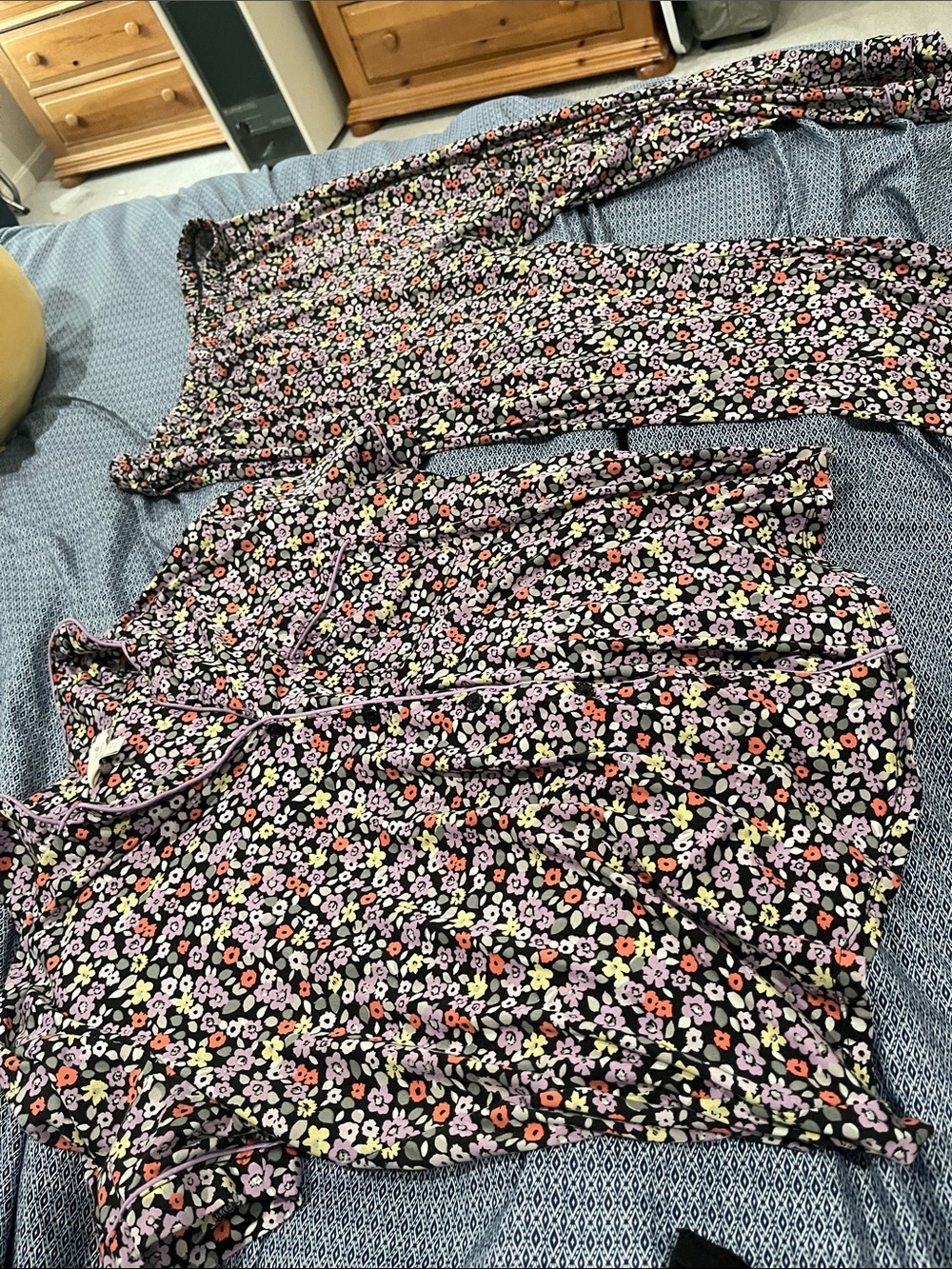 Floral Print Women's Pajama Set - Black with Pink & Orange Flowers